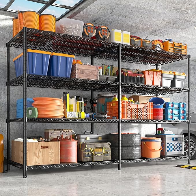 REIBII 81.5''W Storage Shelves 3680LBS Garage Shelving Heavy Duty 4 Tier Metal Shelving Unit Adjustable Wire Shelf and Storage Pantry Shelves for Kitchen Garage,81.5Wx23.62Dx70.86H,Black