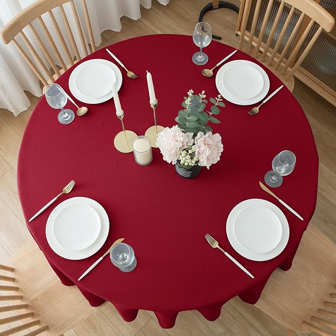 Biscaynebay Round Christmas Tablecloths 60" for Round Tables diameters from 28" to 48", Red Textured Fabric Water Resistant Folding Table Covers Washable for Dining, Kitchen, Wedding, Parties