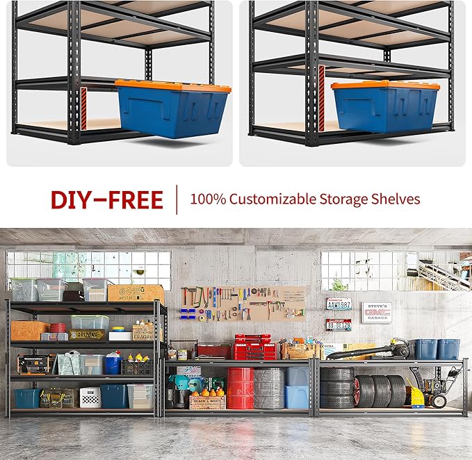 REIBII 48.2" W Garage Shelving, Storage Shelves Load 2600LBS, 4-Tier Adjustable Heavy Duty Metal Shelves for Warehouse, Pantry, Kitchen, 60.1" H X 48.2" W X 24" D, Black