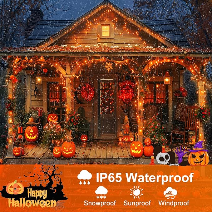 2 Pack Halloween Lights Outdoor, Total 200FT 600 LED Orange String Lights for Outside with 8 Modes Waterproof, Plug in Halloween Decorations for Indoor Bedroom Patio Garden Party Holiday