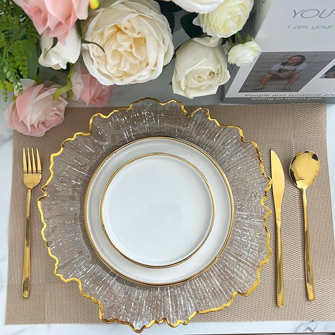 Henilosson 6 Pack 13" Plastic Round Reef Clear Charger Plates ,With Rim gold Dinner Acrylic Charger Plates (6,Reef Gold Clear)