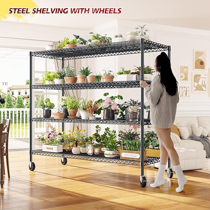 REIBII 75.6" H Storage Shelves Wire Shelving Unit with Wheels 2500LBS Garage Shelving Heavy Duty Metal Shelves for Storage Rack Adjustable Pantry Shelf Commercial Shelving, 75.6" H X 55.5''W X 24" D