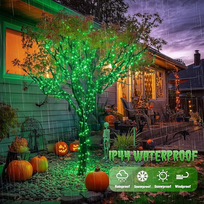 JMEXSUSS 2 Pack Green Halloween Lights, Each 33ft 100 LED Green Solar Lights Outdoor, Waterproof Solar Fairy String Light for Outside Patio Garden Party Tree Christmas Halloween Decorations
