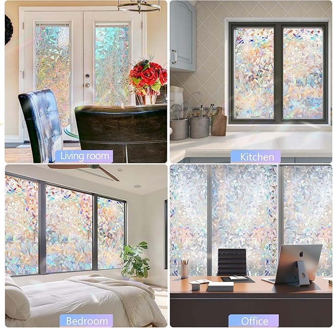 HIDBEA Window Privacy Film Non-Adhesive Static Cling Stained Glass Window Film Rainbow Glass Stickers Reusable Anti UV 3D Decorative Window Film for Home Door, 17.3 x 78.7 Inch