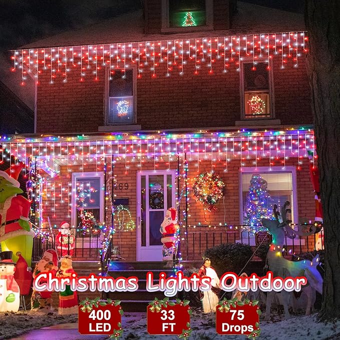 33ft Red and White Christmas Lights, 400 LED Icicle Lights for Outside, Clear Wire Connectable Twinkle Light with 8 Modes Timer Waterproof for House Window Party Tree Holiday Patio Yard Home Decor