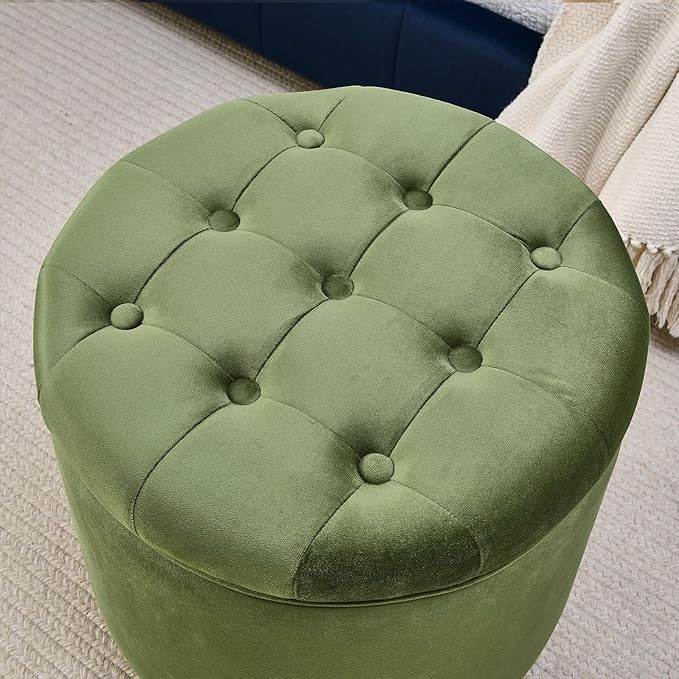 Furniliving Upholstered Button Tufted Round Ottoman, Velvet Storage Ottomans Round, Removable Lid Convenient Footstools, Bedroom Ottoman with Storage for Vanity, Living Room, Green