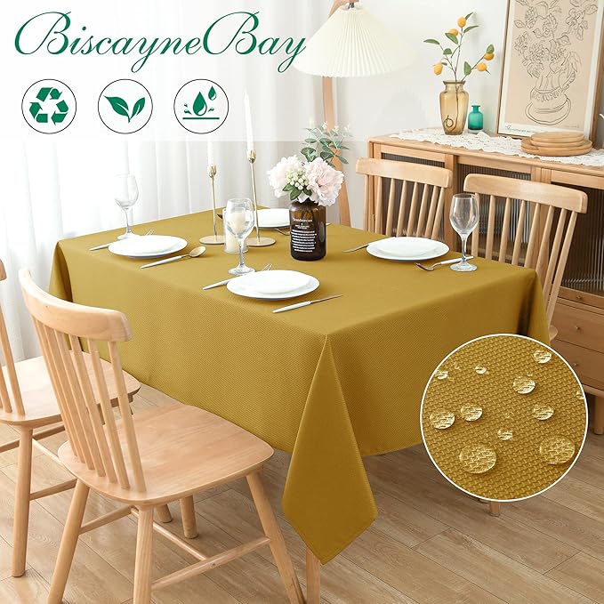 Biscaynebay Textured Fabric Christmas Rectangle Tablecloths 60x108 Inch, Gold Water Resistant Tablecloths for Dining, Kitchen, Wedding, Parties etc. Machine Washable