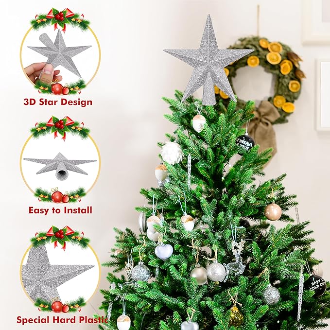 1PCS Tree Topper, 4" Star Christmas Tree Topper Glitter Sliver, Mini Bethlehem Star Xmas Shatterproof Tree Topper Decorations, Waterproof Christmas Decor for Holiday Home Indoor & Outdoor Ornament