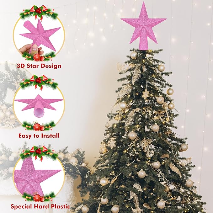 Christmas Tree Decoration, 6" Pink Christmas Tree Topper Star Accessories, Xmas Glitter 3D Bethlehem Tree Ornament, Waterproof Holiday Christmas Tree Topper Star Decorations for Home Indoor Outdoor
