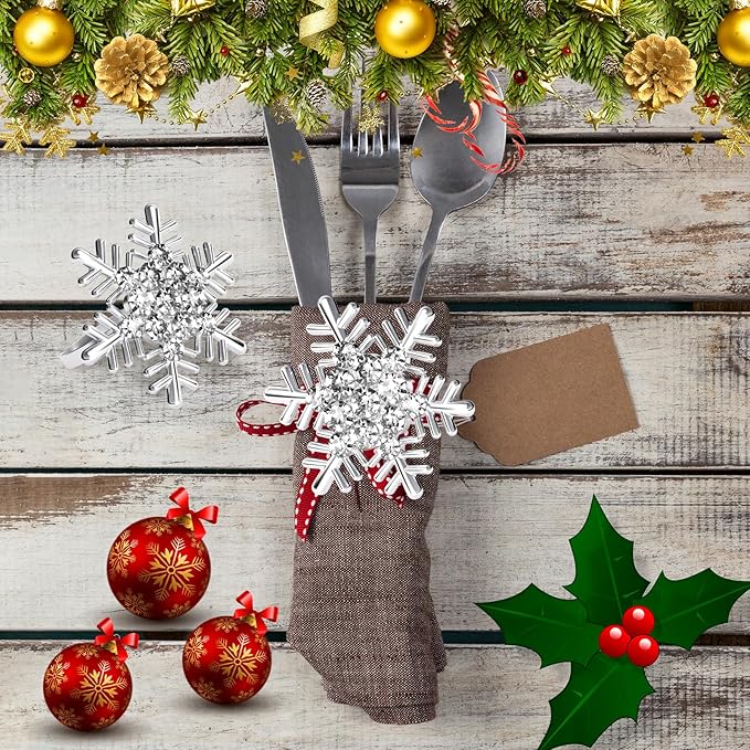 Halatool Set of 8 Christmas Napkin Rings Silver Snowflake with White Rhinestone Napkin Holder for Christmas Thanksgiving Holiday Party Table Decoration