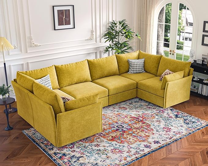 136.4" Oversized Modular Sectional Sofa, U Shaped Convertible Couch with Movable Ottoman, Large 7 Seat Corner Couches for Living Room Deep Seat Yellow Chenille