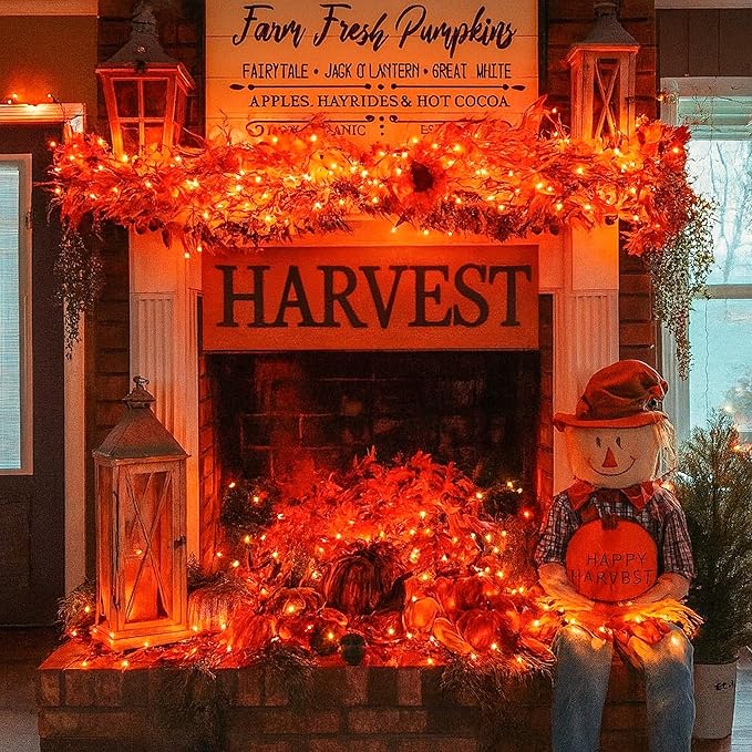 woohaha Outdoor Halloween Lights, 2PACK 13ft 50 Count Incandescent Blubs & Green Wire Mini Lights, 120 V High-Voltage Connectable Light String, for Indoor Patio Garden Tree Party Decoration, Orange