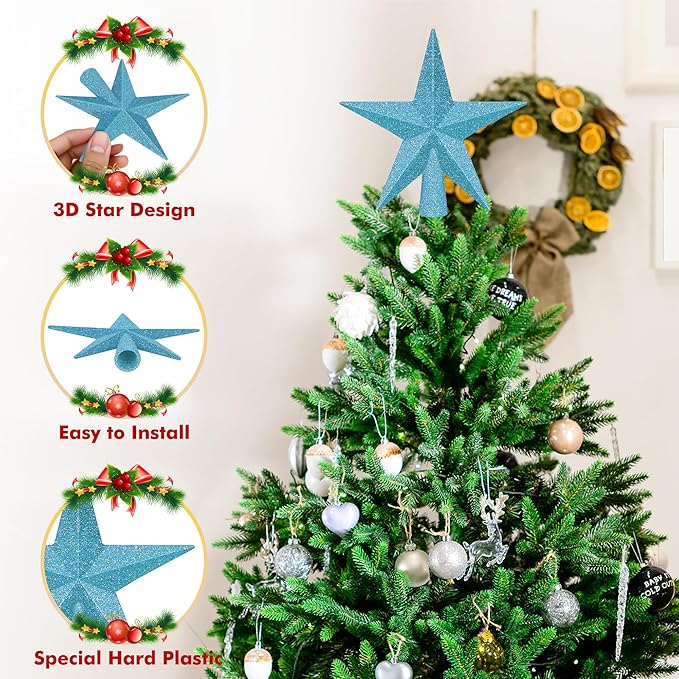 1PCS Tree Star Topper, Blue 4" Christmas Tree Topper Decorations, Glitter Shatterproof Mini Bethlehem Star Tree Topper Decor, Waterproof Star Tree Topper for Christmas Holiday Indoor/Outdoor Ornament