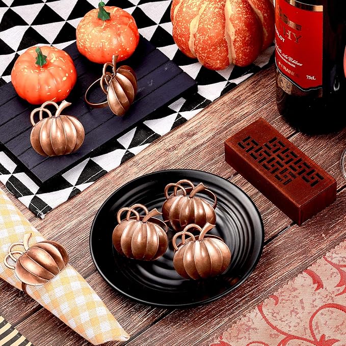 Patelai 12 Pieces Pumpkin Napkin Rings Fall Napkin Holders Thanksgiving Halloween Dinner Tables Rings for Thanksgiving Dinner Party Weddings Family Gatherings (Bronze)