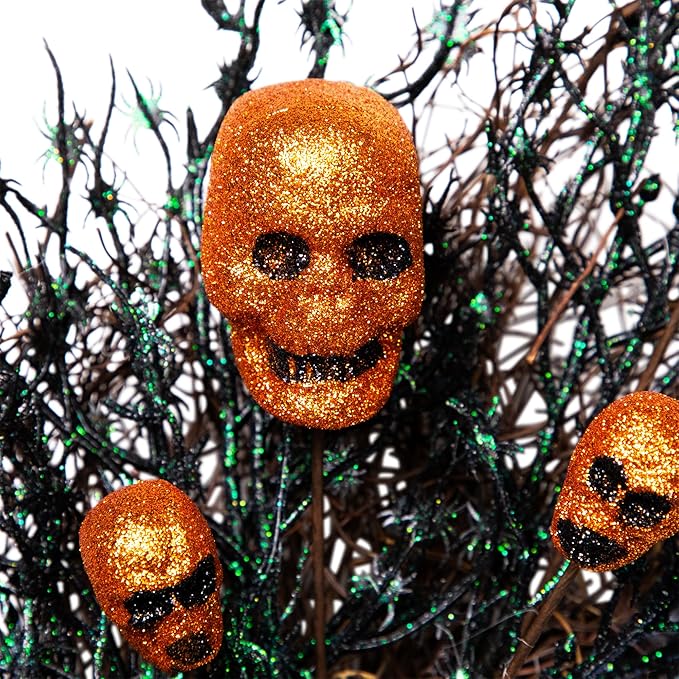 Glittered Skulls and Spiders Halloween Twig Wreath - 22" - Unlit