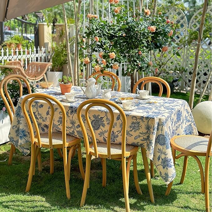Blue and White Rectangle Tablecloth, Waterproof Outdoor Table Cloth, Dining Table Cover for Farmhouse, Wedding, Dinner, Picnic - Spring/Summer, 54"x72", Blue Flower