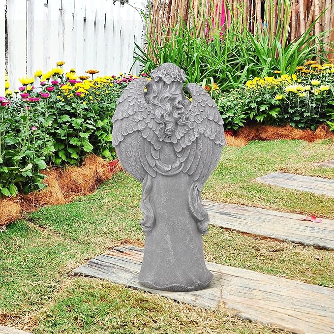 Outdoor Statues Angel Décor Garden Statue- 23.5" H Angel Statue,Resin Angel with Bird Figurine, Ideal for Yard, Patio, Deck, Home Entryway, and Hallway(Grey)