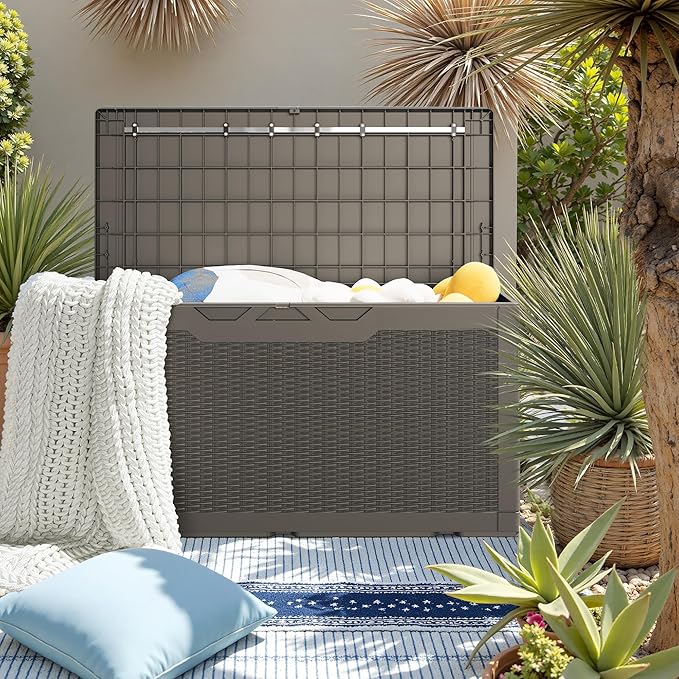 JUMMICO 100 Gallon Resin Deck Box, Waterproof Outdoor Storage Box with Lockable Lid for Garden Tools, Patio Cushions (Light Brown)