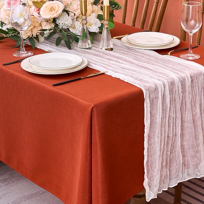 Fitable Faux Linen Rectangle Tablecloths 60 x 102 Inch - 2 Pack Rust Table Cloth for 6-8 Foot Tables, Faux Burlap Kitchen Table Cover for Thanksgiving Autumn Dining Party Farmhouse Banquet Buffet