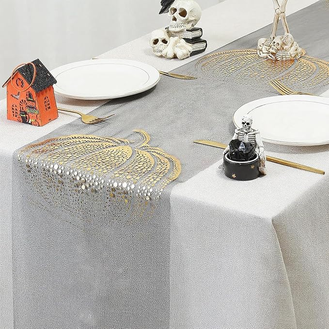 Halloween Pumpkin Table Runner Foil Metallic Thin Mesh Runners Fall Autumn Maple Leaves Table Runners for Tables Kitchen Dining Decorations Party Supplies 11*108"