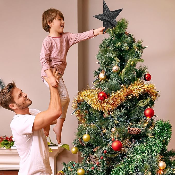 Christmas Tree Ornament, 8" Black Christmas Star Tree Topper Accessories, Xmas Glitter 3D Bethlehem Tree Topper Ornament, Waterproof Holiday Christmas Tree Topper Star Decor for Home Indoor Outdoor