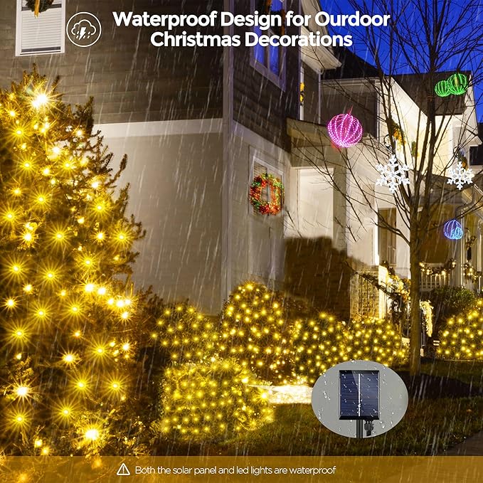 WBao Solar Christmas Lights Outdoor 200LED 8.4ft x 5.2ft Christmas Net Lights with Remote, 8 Lighting Modes, Timer, Waterproof for Lawn, Bushes, Shrubs, Trees Outdoor Christmas Decorations, Warm White