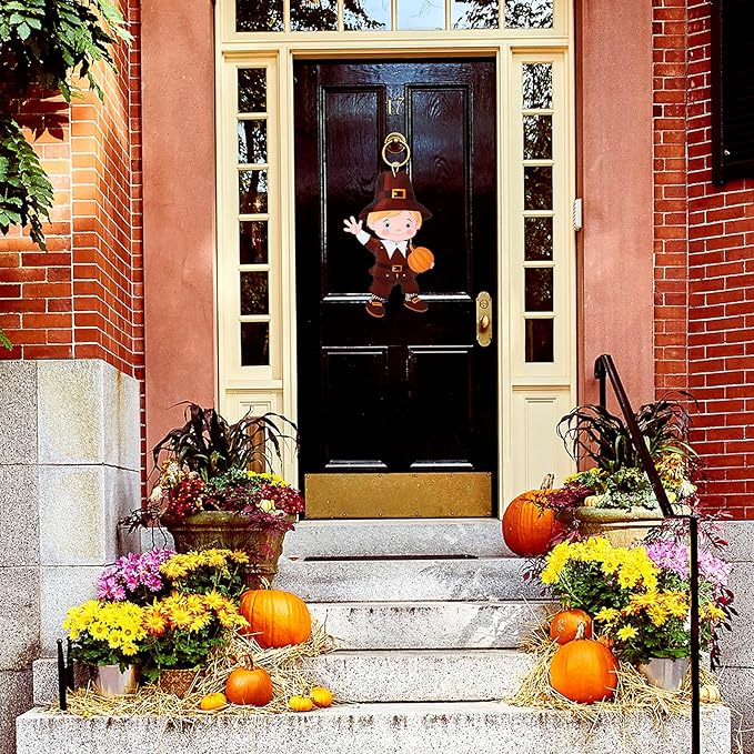 4 Pcs Thanksgiving Fall Harvest Decorations 18 in Turkey Scarecrow Wall Window Home Door Decoration Autumn Hanging Ornament Cutouts Thanksgiving Sign Jointed Figures Pilgrim Decor with Ribbon
