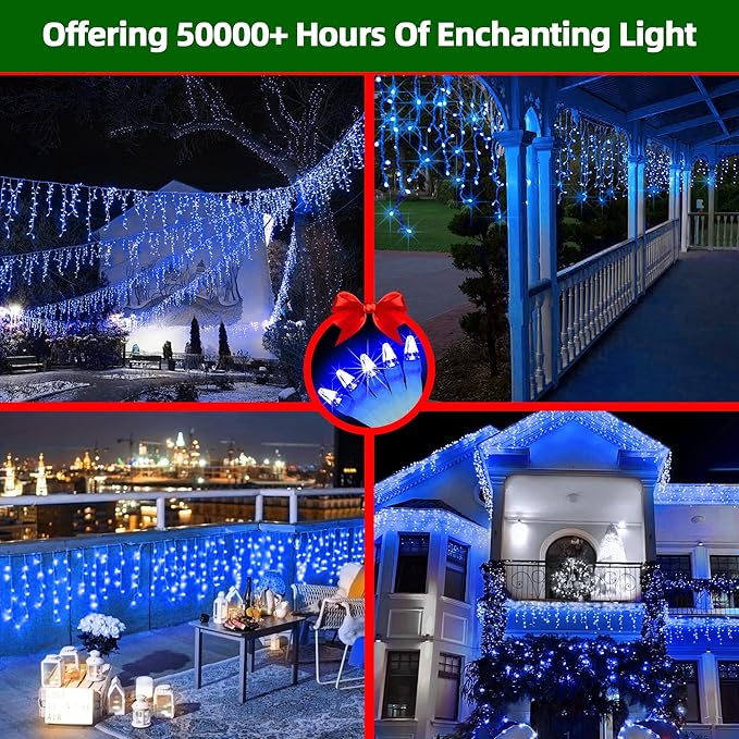 612 LED 60FT Icicle Christmas Lights - 136 Drops Waterproof 12 Modes Memory Timer, Outdoor Hanging Roof Lights for Eaves Gutter Xmas Tree Holiday Decorations Blue