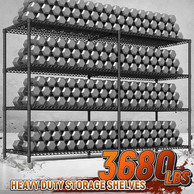 REIBII 81.5''W Storage Shelves 3680LBS Garage Shelving Heavy Duty 4 Tier Metal Shelving Unit Adjustable Wire Shelf and Storage Pantry Shelves for Kitchen Garage,81.5Wx23.62Dx70.86H,Black