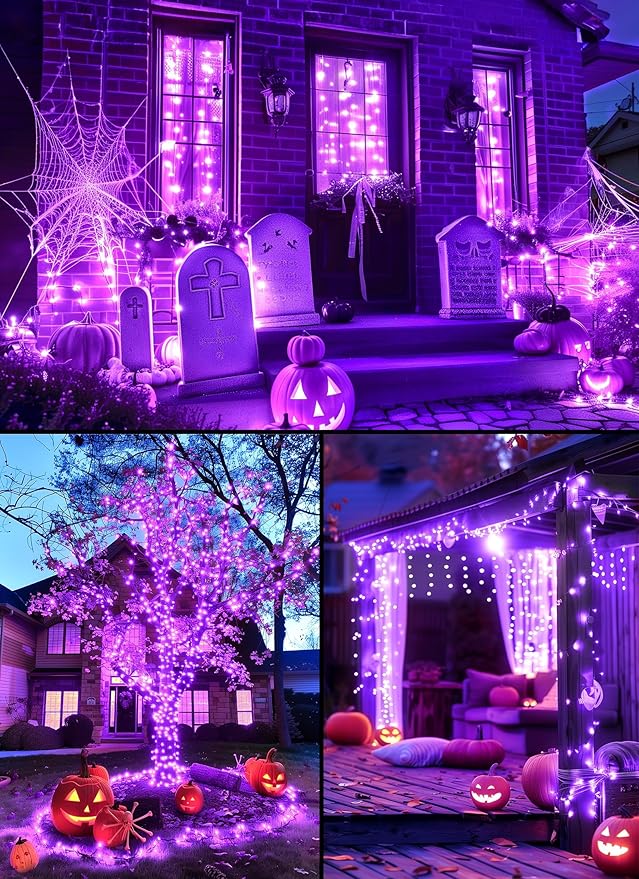 Minetom Halloween String Lights Outdoor, 33Feet 100 LED Waterproof Christmas Lights with 8 Lighting Modes for Halloween Garden Party Christmas Xmas Tree Lights Decor(Purple)