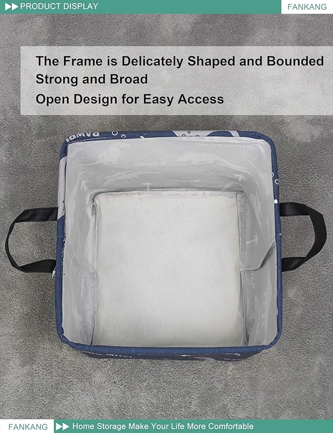 FANKANG Square Nursery Hamper Storage Bins Canvas Laundry Basket Foldable with Waterproof PE Coating Storage Baskets Gift Baskets for Children, Office, Bedroom, Clothes(Square-Blue dinosaur )