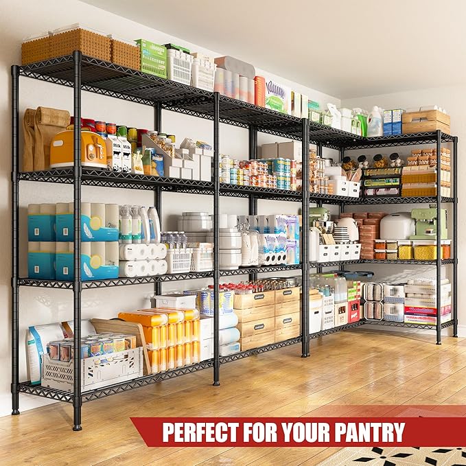 REIBII 61.7''W Storage Shelves Load 1220LBS Wire Shelving Unit 4 Tier Metal Shelving for Storage Rack Shelves Heavy Duty Garage Shelf Pantry Shelves Kitchen Shelving, 61.7" W*62.9" H*15.8" D, Black