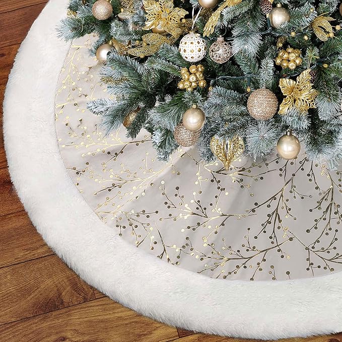 Christmas Tree Skirt, Gold White 48 Inch Faux Fur Plush Christmas Decorations Tree Base Mat Thick Velvet Rugs for Holiday Home Decor Party Xmas
