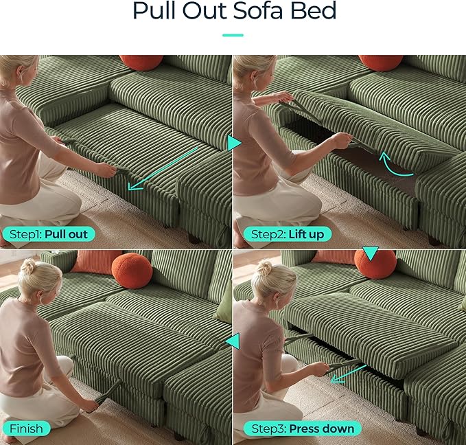 LINSY HOME Sectional Sleeper Sofa with Pull Out Couch Bed - Convertible Plush Corduroy Cloud Couch with Storage Chaise & USB Charging, Comfy Modular Couches for Living Room, Green