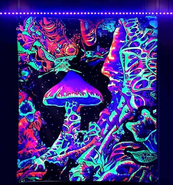 ADDWel Blacklight Mushroom Tapestry, Fantastic Upright Tapestry Glow In The Dark, UV Reactive Black Light Tapestries Posters Wall Hanging for Backdrop Bedroom Dorm Living Room Decor(50"x60")
