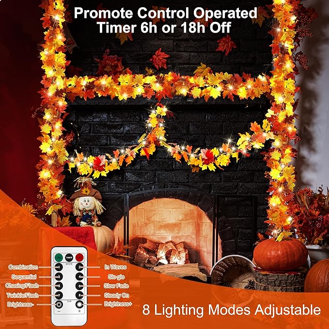 Aneco 2 Pack 5.74 Feet Each Maple Leaves Garlands with 8 Lighting Modes LED String Lights Artificial Maple Leaf Fall Decorations for Home Indoor Outdoor Thanksgiving Halloween Decor, Total 11.5 Feet