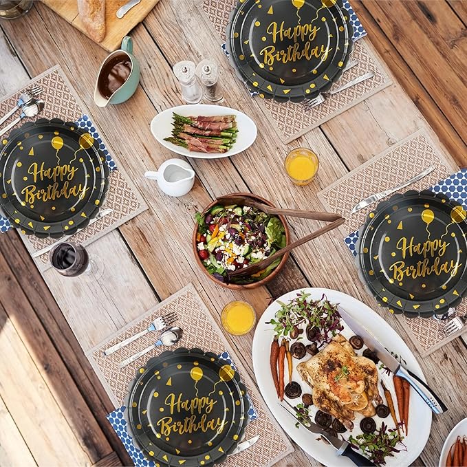 50PCS Birthday Paper Plates - 7 Inch Birthday Cake Plates Scalloped Black and Gold Dessert Plate Disposable Tableware Decorations for Birthday's Party Supplies