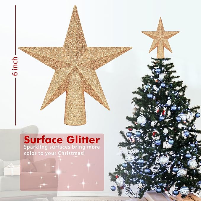 Christmas Tree Decoration, 6" Champagne Christmas Tree Topper Star Accessories, Xmas Glitter 3D Bethlehem Tree Ornament, Waterproof Holiday Christmas Tree Topper Star Decorations for Home Decor
