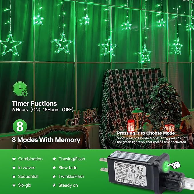 Green Star Icicle Lights,126LED 8.2FT Christmas String Lights with 8 Modes Waterproof,Clear Wire Plug Memory Timer Curtain Lights for St Patrick’s Day Holiday Yard Garden Decorations(Green)