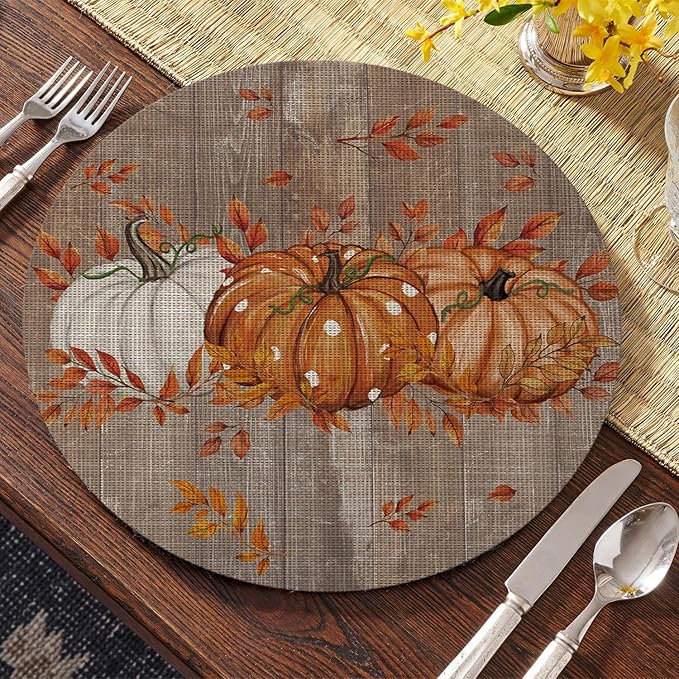 Artoid Mode Maple Leaves Pumpkins Plastic Round Fall Placemats Set of 4, 14 Inch Wipeable Woven Vinyl Table Mats for Farmhouse Party Kitchen Dining Decor