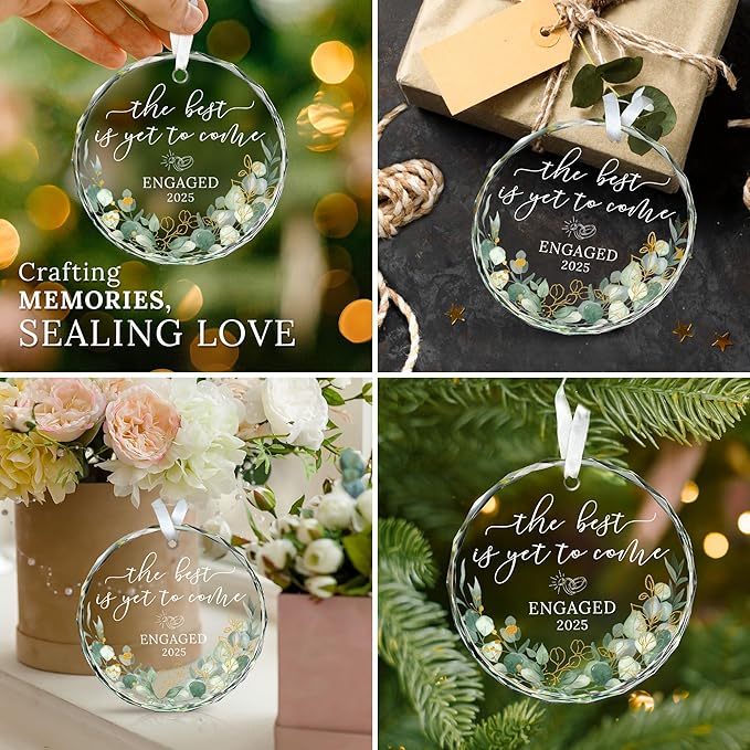 HEXMOZ Engagement Gifts for Couples - Engagement Gift for Newly Engaged Couples, Women, Fiance, Her - Bride to Be Gifts, First Christmas Just Engaged Glass Ornament 2025 - Party Decorations