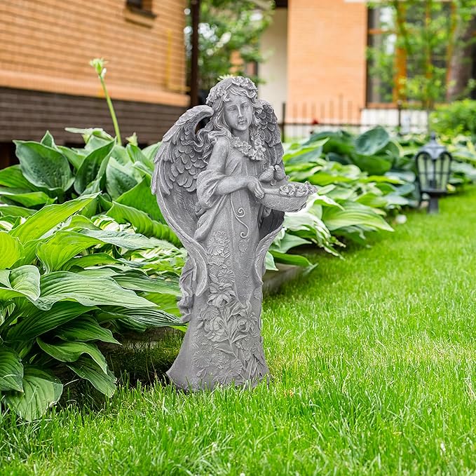 Outdoor Statues Angel Décor Garden Statue- 23.5" H Angel Statue,Resin Angel with Bird Figurine, Ideal for Yard, Patio, Deck, Home Entryway, and Hallway(Grey)