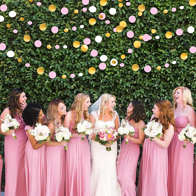 Gold and Pink Party Decorations Circle Dots Garland Metallic Gold Light Pink and White Hanging Polka Dot Streamer for Women Girl Birthday Baby Shower Bridal Shower Wedding Princess Party Supplies