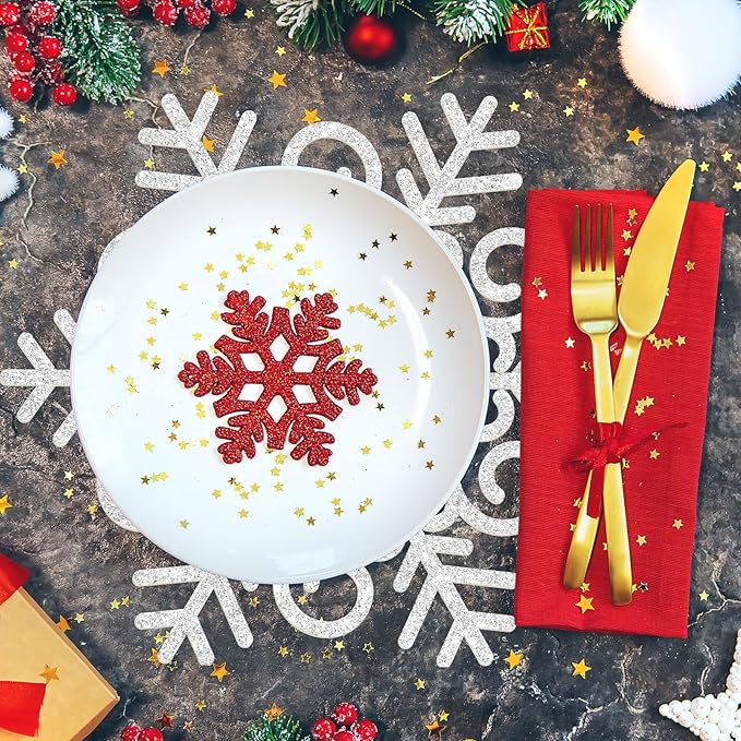 60Pcs Christmas Snowflake Paper Placemat Silver Glitter Snowflake Disposable Place Mat Winter Dining Table Mats for Xmas Birthday Party Kitchen