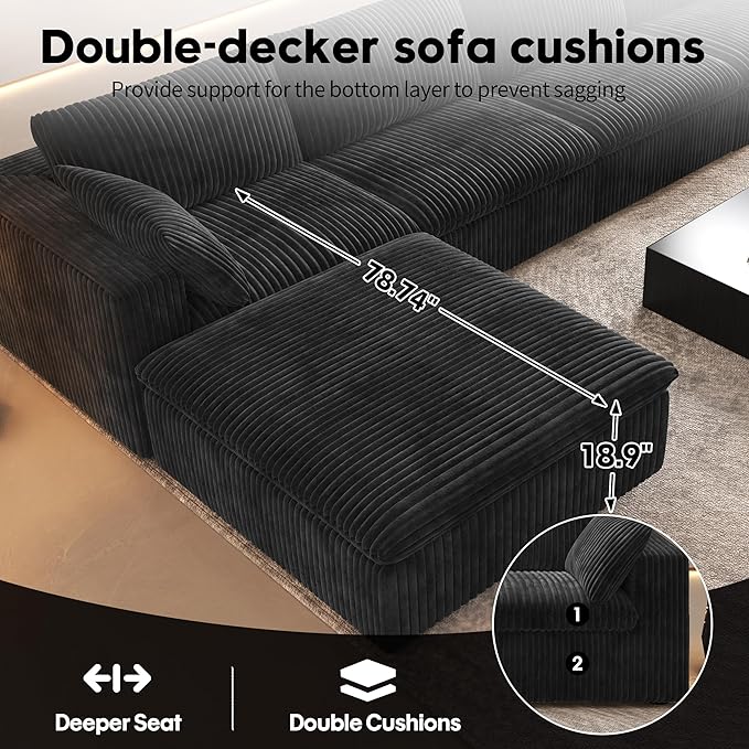 157.5" U Shaped Modern Sofa Modular Sectional Cloud Couch with 2 Ottoman,Deep Seat Upholstered Couches with Corduroy Fabric for Living Room Furniture,Bedroom and Apartment,No Assembly Required,Black