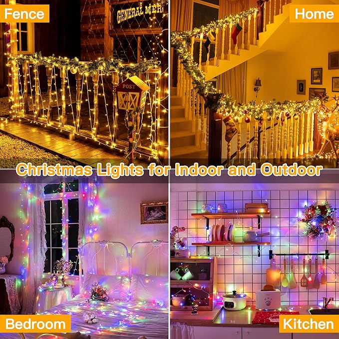 Ollny Christmas String Lights Indoor Outdoor 200LED/66FT Multicolored to Warm White Color Changing with Remote Control Timer 11 Lighting Modes Waterproof for Bedroom House Easter Xmas Decorations