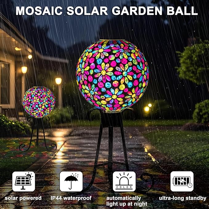VOREEN 10" Mosaic Glass Gazing Ball with Solar Light, Outdoor Solar Gazing Globe, Handmade IP44 Waterproof Garden Decor Sphere for Patio Yard, Ideal Gift for Mom Wife Friend, Colorful Daisy Design