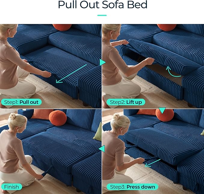 LINSY HOME Sectional Sleeper Sofa with Pull Out Couch Bed - Convertible Plush Corduroy Cloud Couch with Storage Chaise & USB Charging, Comfy Modular Couches for Living Room, Blue