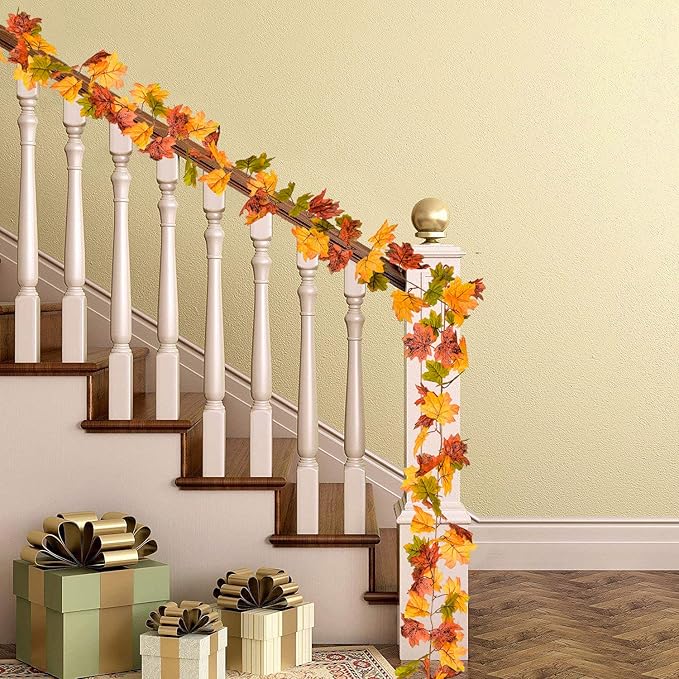 2 Pack Fall Maple Leaf Garland Artificial Maple Garland, Autumn Hanging Fall Leave Vines for Indoor Outdoor Wedding Thanksgiving Dinner Party Decor
