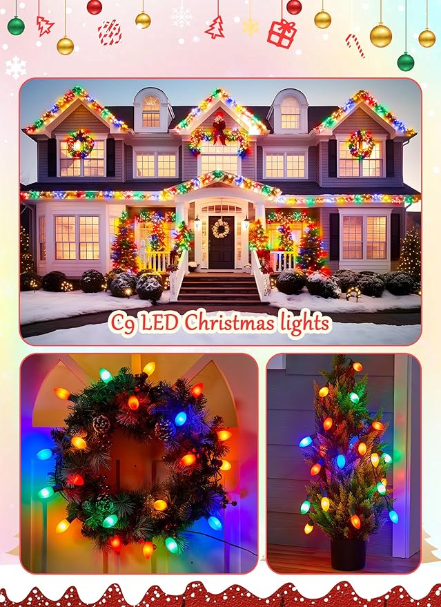 Vintage C9 LED Christmas Lights Outdoor - 25 Feet String with 25 Colored Shatterproof Bulbs, Connectable Waterproof Lights for Holiday Party Roofline, Backyard, Garden, Patio, Green Wire